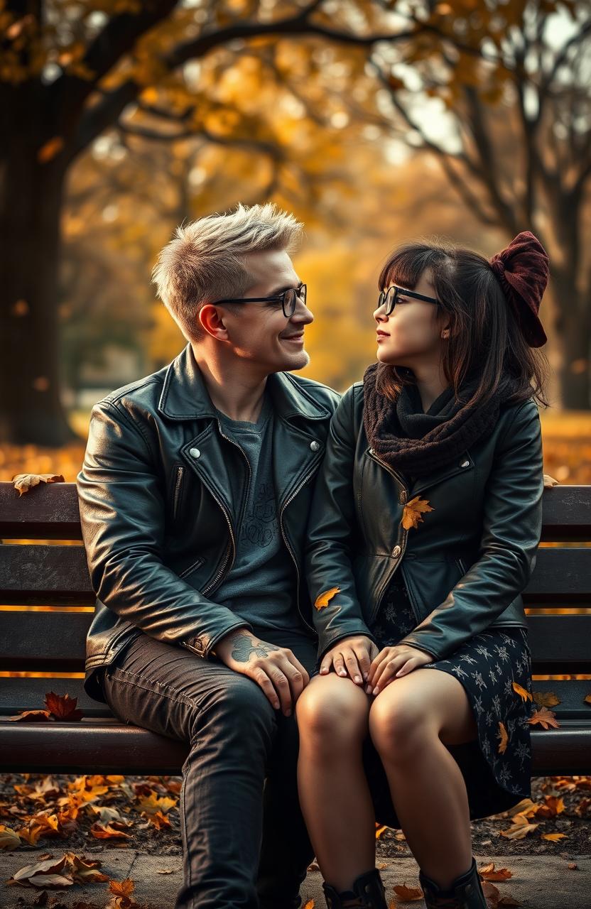 A dramatic yet heartwarming scene depicting a bad boy with tattoos and a leather jacket, sitting on a park bench, gazing adoringly at an unconventional, unattractive girl with quirky hair and oversized glasses