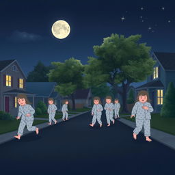 A serene night scene depicting several sleepwalkers carefully moving through a quiet neighborhood, illuminated by soft moonlight