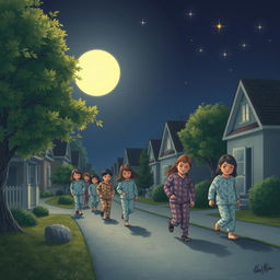 A serene night scene depicting several sleepwalkers carefully moving through a quiet neighborhood, illuminated by soft moonlight