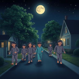 A serene night scene depicting several sleepwalkers carefully moving through a quiet neighborhood, illuminated by soft moonlight