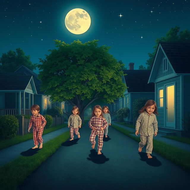 A serene night scene depicting several sleepwalkers carefully moving through a quiet neighborhood, illuminated by soft moonlight