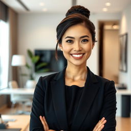 A portrait of a beautiful, successful Central Asian woman radiating confidence and sophistication, dressed in a simple yet elegant outfit that highlights her natural beauty