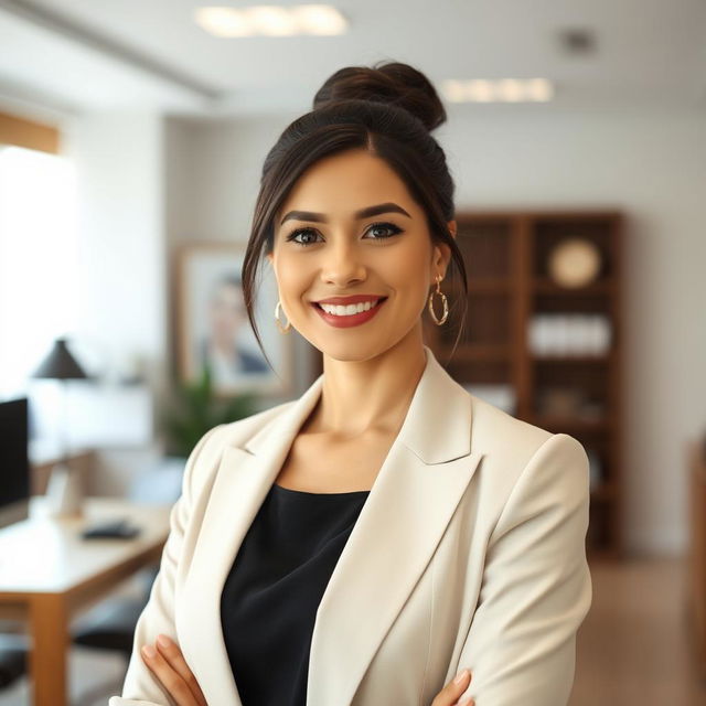 A portrait of a beautiful, successful Central Asian woman radiating confidence and sophistication, dressed in a simple yet elegant outfit that highlights her natural beauty