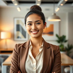 A portrait of a beautiful, successful Central Asian woman radiating confidence and sophistication, dressed in a simple yet elegant outfit that highlights her natural beauty
