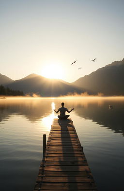 A serene landscape depicting a sunrise over a peaceful lake, with soft golden light reflecting on the water's surface, surrounded by majestic mountains and lush greenery