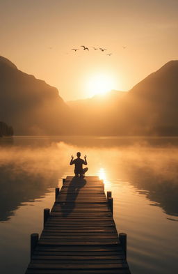A serene landscape depicting a sunrise over a peaceful lake, with soft golden light reflecting on the water's surface, surrounded by majestic mountains and lush greenery
