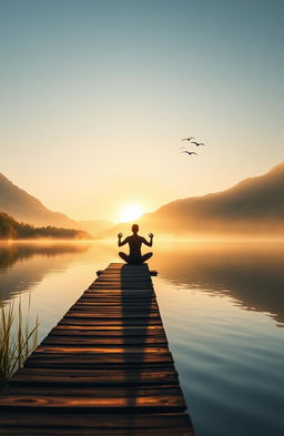 A serene landscape depicting a sunrise over a peaceful lake, with soft golden light reflecting on the water's surface, surrounded by majestic mountains and lush greenery