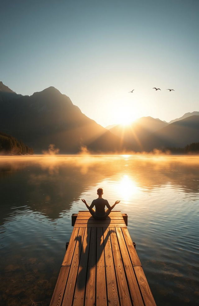 A serene landscape depicting a sunrise over a peaceful lake, with soft golden light reflecting on the water's surface, surrounded by majestic mountains and lush greenery