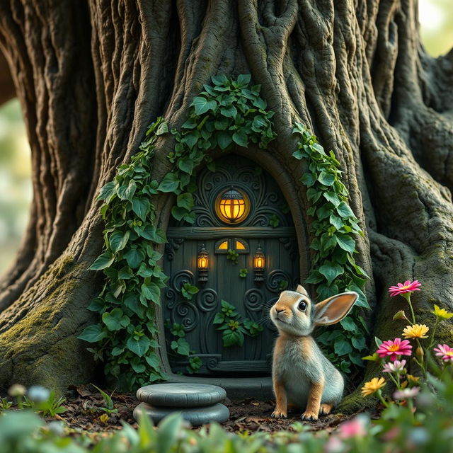 A close-up view of a tiny, ivy-covered door at the base of a magnificent oak tree