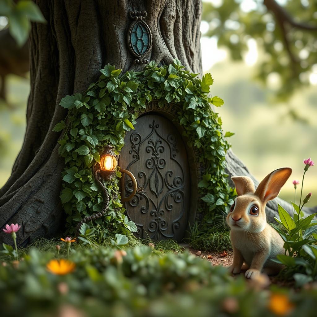 A close-up view of a tiny, ivy-covered door at the base of a magnificent oak tree