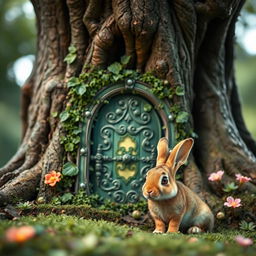 A close-up view of a tiny, ivy-covered door at the base of a magnificent oak tree