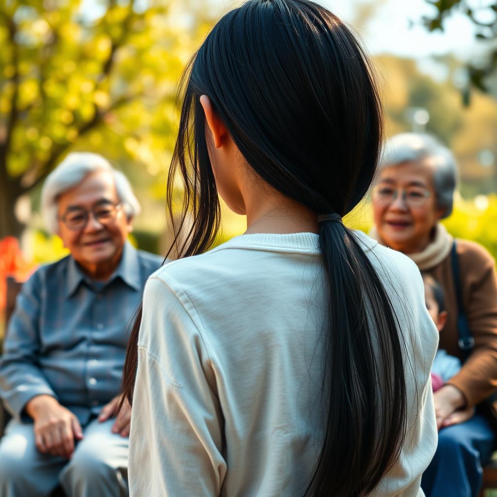 A distant view of a scene filled with warmth and nostalgia, featuring a straight black-haired teenage girl standing with her back to the viewer, gazing fondly at her loving grandparents seated together with their granddaughter