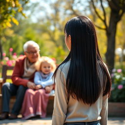 A distant view of a scene filled with warmth and nostalgia, featuring a straight black-haired teenage girl standing with her back to the viewer, gazing fondly at her loving grandparents seated together with their granddaughter