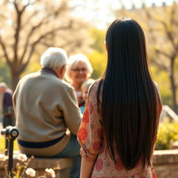 A distant view of a scene filled with warmth and nostalgia, featuring a straight black-haired teenage girl standing with her back to the viewer, gazing fondly at her loving grandparents seated together with their granddaughter