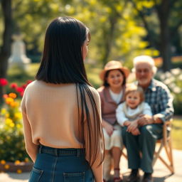 A distant view of a scene filled with warmth and nostalgia, featuring a straight black-haired teenage girl standing with her back to the viewer, gazing fondly at her loving grandparents seated together with their granddaughter