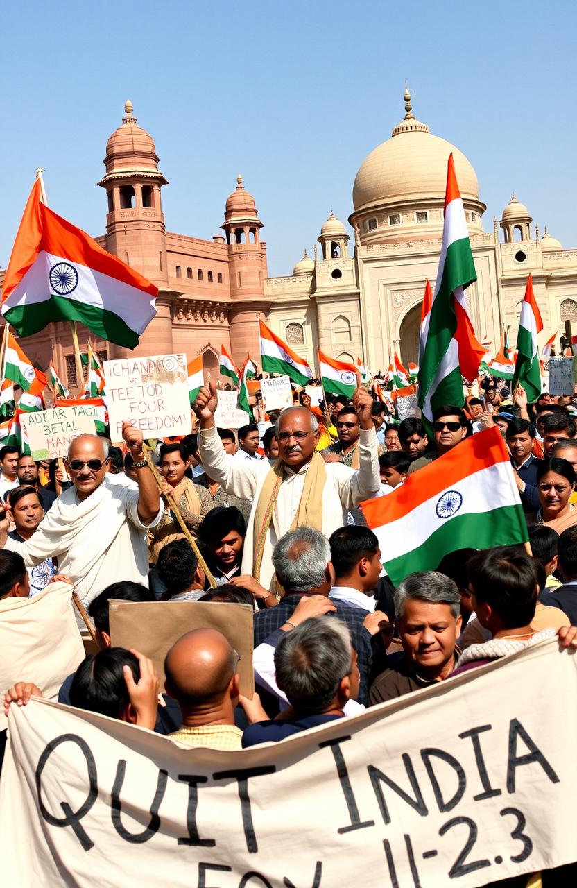 An inspiring historical scene from the Quit India Movement of 1942, showcasing a diverse group of Indian independence leaders rallying together