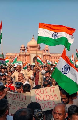An inspiring historical scene from the Quit India Movement of 1942, showcasing a diverse group of Indian independence leaders rallying together