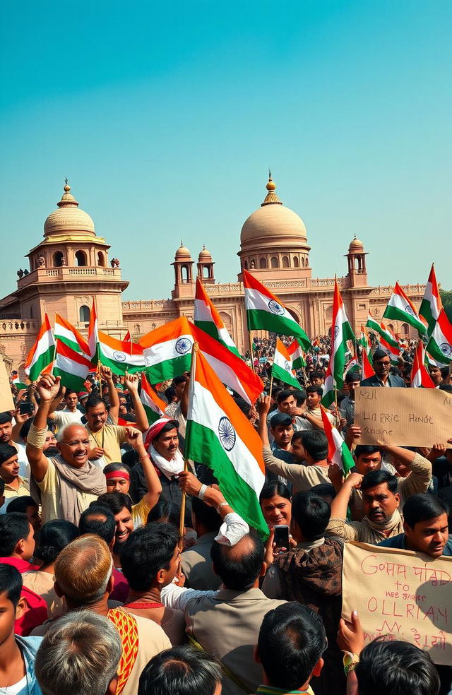 An inspiring historical scene from the Quit India Movement of 1942, showcasing a diverse group of Indian independence leaders rallying together