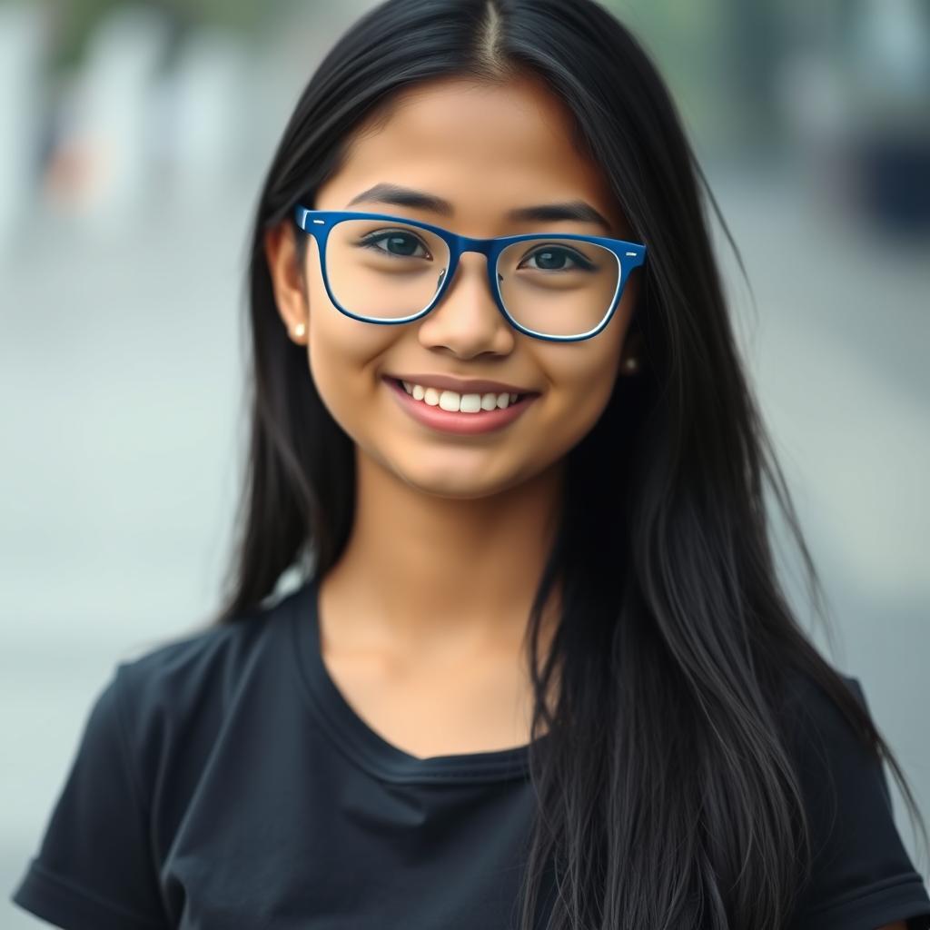 A portrait of an 18-year-old Asian Indian girl with long black hair, wearing stylish blue frame spectacles