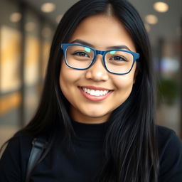 A portrait of an 18-year-old Asian Indian girl with long black hair, wearing stylish blue frame spectacles