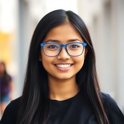 A portrait of an 18-year-old Asian Indian girl with long black hair, wearing stylish blue frame spectacles