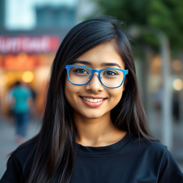 A portrait of an 18-year-old Asian Indian girl with long black hair, wearing stylish blue frame spectacles