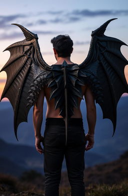 A man with dark hair standing with his back facing the viewer, showcasing an impressive pair of black dragon wings emerging from his shoulder blades