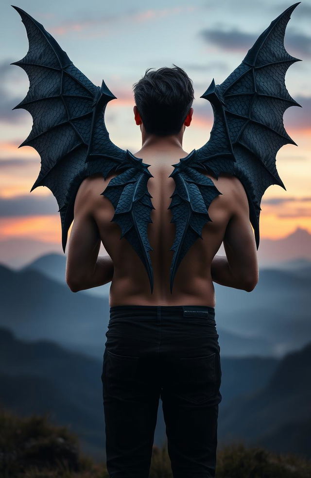 A man with dark hair standing with his back facing the viewer, showcasing an impressive pair of black dragon wings emerging from his shoulder blades