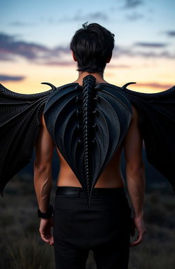 A man with dark hair standing with his back facing the viewer, showcasing an impressive pair of black dragon wings emerging from his shoulder blades