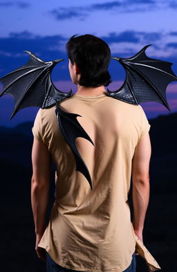 A man with dark hair standing with his back facing the viewer, showcasing an impressive pair of black dragon wings emerging from his shoulder blades