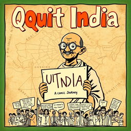 A vibrant comic book cover design titled 'Quit India: A Comic Journey'