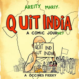 A vibrant comic book cover design titled 'Quit India: A Comic Journey'