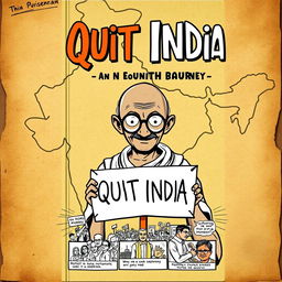 A vibrant comic book cover design titled 'Quit India: A Comic Journey'