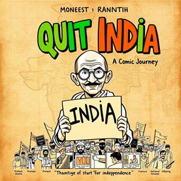 A vibrant comic book cover design titled 'Quit India: A Comic Journey'