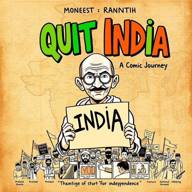 A vibrant comic book cover design titled 'Quit India: A Comic Journey'