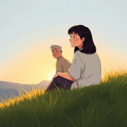 A serene scene depicting a teenage girl with straight black hair, sitting on a grassy hill and looking back at her grandparents affectionately