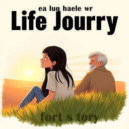 A serene scene depicting a teenage girl with straight black hair, sitting on a grassy hill and looking back at her grandparents affectionately