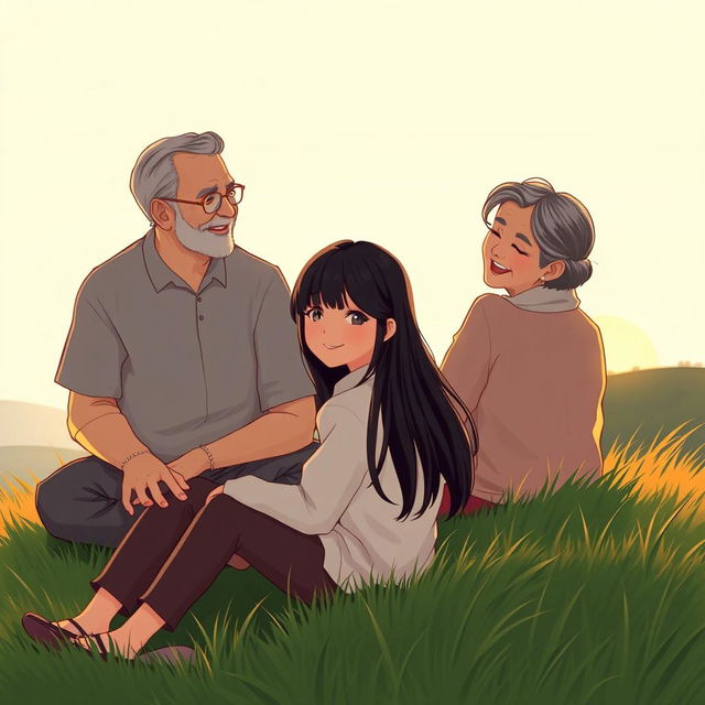 A serene scene depicting a teenage girl with straight black hair, sitting on a grassy hill and looking back at her grandparents affectionately