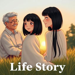 A serene scene depicting a teenage girl with straight black hair, sitting on a grassy hill and looking back at her grandparents affectionately