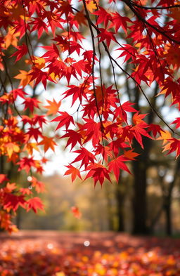 A vibrant and colorful autumn scene featuring a variety of maple leaves in shades of red, orange, and yellow