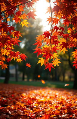 A vibrant and colorful autumn scene featuring a variety of maple leaves in shades of red, orange, and yellow