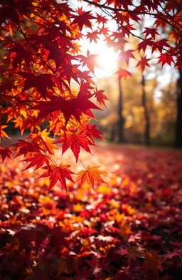 A vibrant and colorful autumn scene featuring a variety of maple leaves in shades of red, orange, and yellow