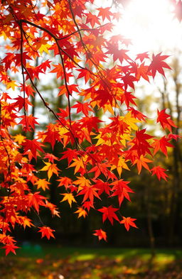A vibrant and colorful autumn scene featuring a variety of maple leaves in shades of red, orange, and yellow