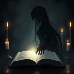 An open book with the silhouette of the protagonist reaching for it, her long hair trailing behind her