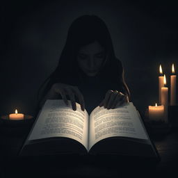 An open book with the silhouette of the protagonist reaching for it, her long hair trailing behind her