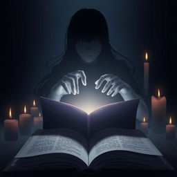 An open book with the silhouette of the protagonist reaching for it, her long hair trailing behind her