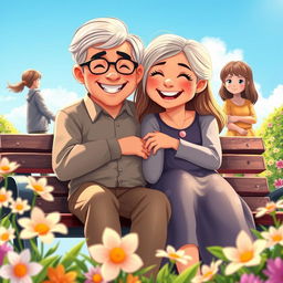 An enchanting scene showcasing fictional characters: a pair of cheerful grandparents with straight hair, seated together on a park bench, sharing a joyful moment with their granddaughter who also has straight hair