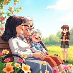 An enchanting scene showcasing fictional characters: a pair of cheerful grandparents with straight hair, seated together on a park bench, sharing a joyful moment with their granddaughter who also has straight hair