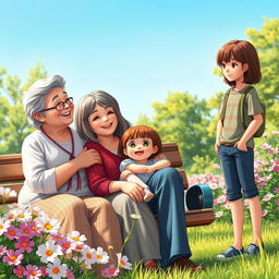 An enchanting scene showcasing fictional characters: a pair of cheerful grandparents with straight hair, seated together on a park bench, sharing a joyful moment with their granddaughter who also has straight hair