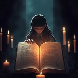 An open book with the silhouette of the protagonist reaching for it, her long hair cascading down